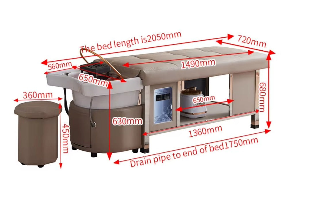 Toutes les mesures de notre table Head Spa Hikari beige équipement head spa disponible en Europe et en Suisse
