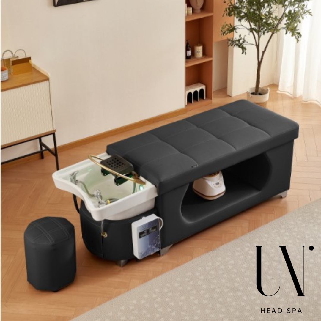 Notre table Head Spa Hikari noir avec lavabo en céramique, équipement head spa disponible en Europe et en Suisse